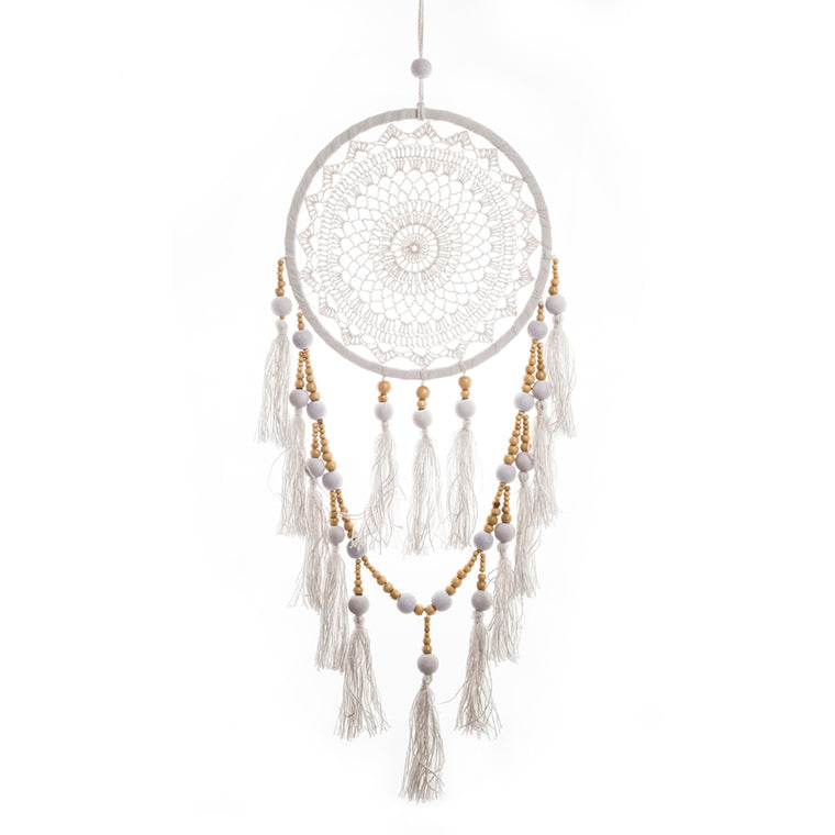 Beaded, Tasselled Sacred Hoop in White 32cm